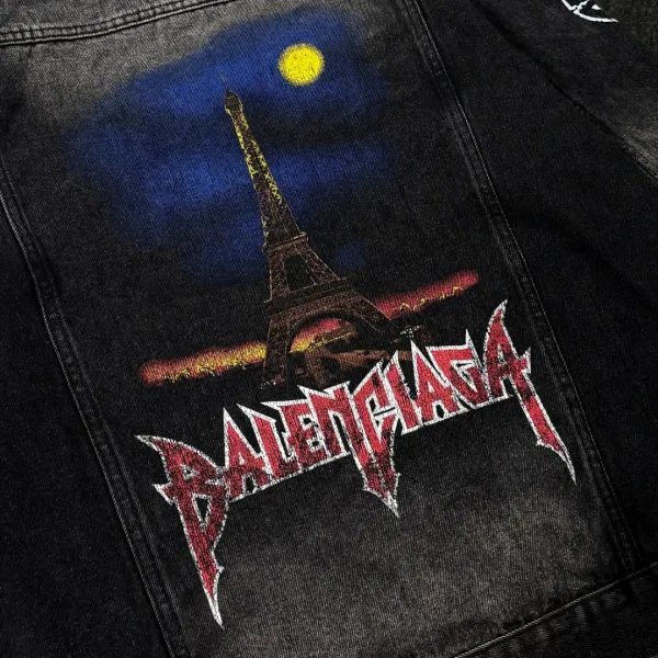 Balenciaga x Metal Band Logo Distressed Black Denim Jacket - 13