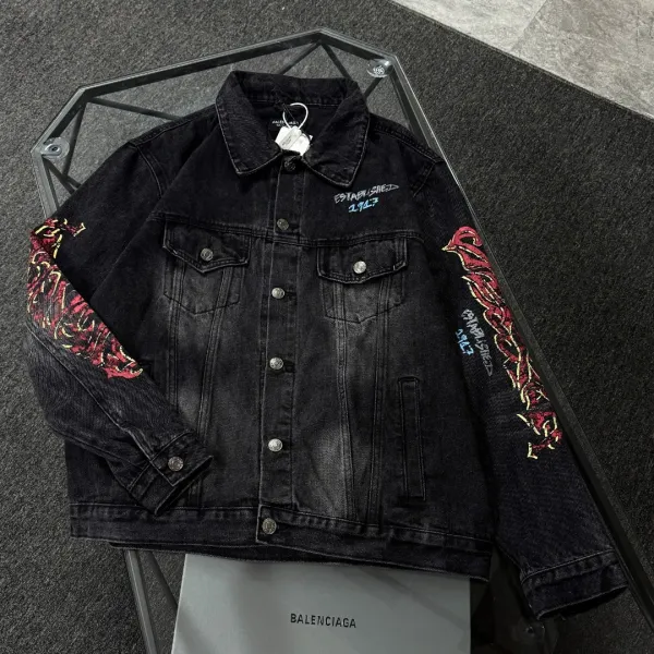 Balenciaga x Metal Band Logo Distressed Black Denim Jacket - 18
