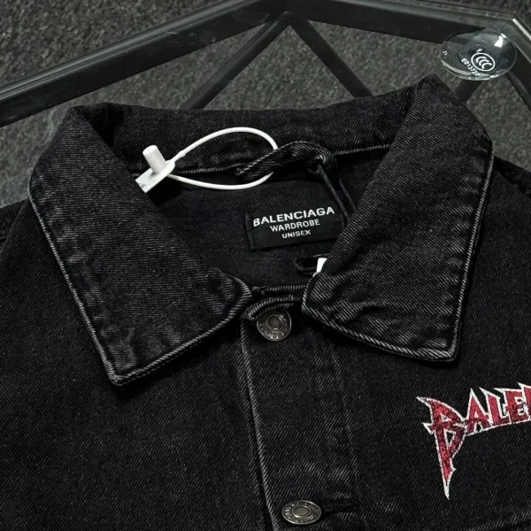 Balenciaga x Metal Band Logo Distressed Black Denim Jacket - 8