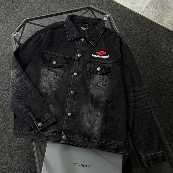 Balenciaga x Metal Band Logo Distressed Black Denim Jacket - 44