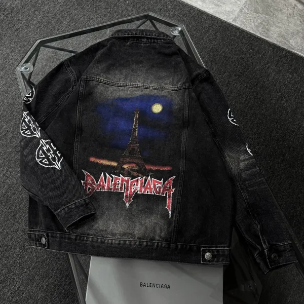 Balenciaga x Metal Band Logo Distressed Black Denim Jacket - 7