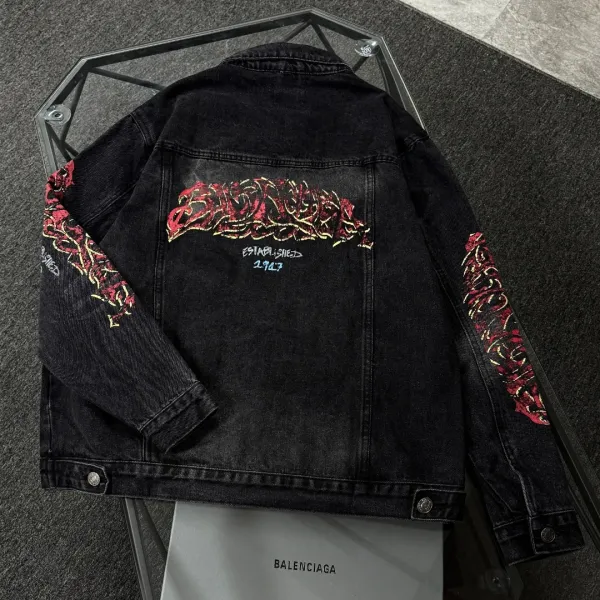 Balenciaga x Metal Band Logo Distressed Black Denim Jacket - 19