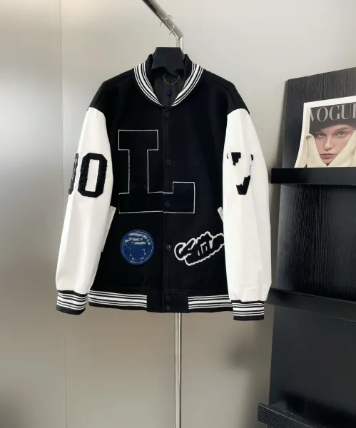 Design Varsity Jacket Black and White Patchwork Outerwear - 1