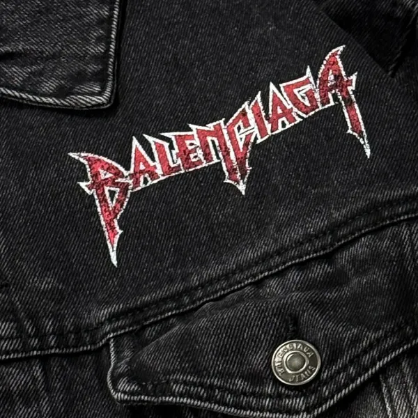 Balenciaga x Metal Band Logo Distressed Black Denim Jacket - 9