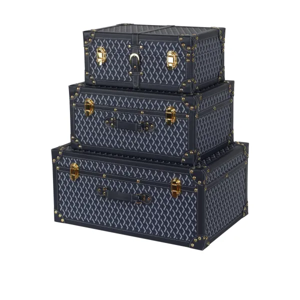Design Vintage-Style Chevron Pattern Trunk Set Navy Blue Storage Boxes Travel Bags - 1