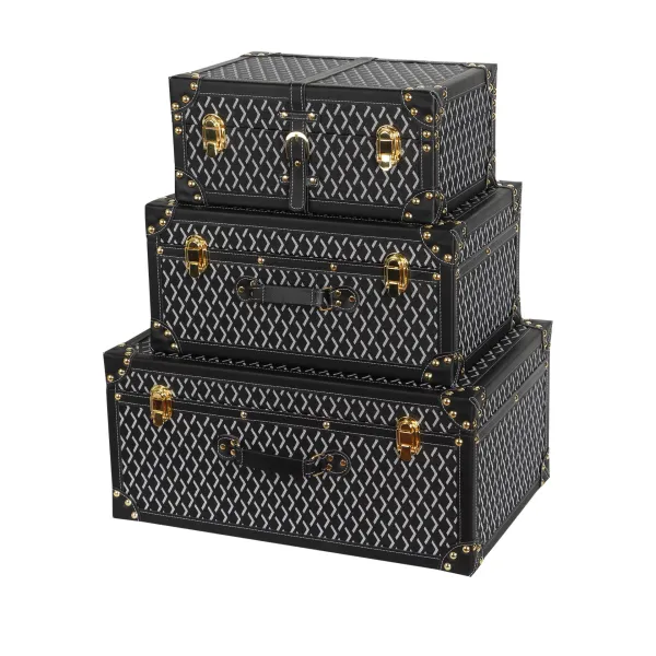 Design Vintage-Style Geometric Pattern Trunk Set Black Travel Bags - 1