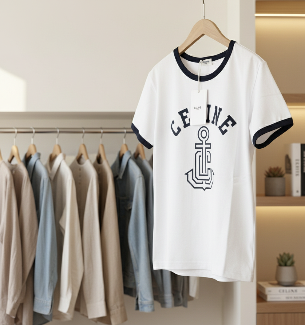 CELINE Anchor Print White Cotton T-Shirt