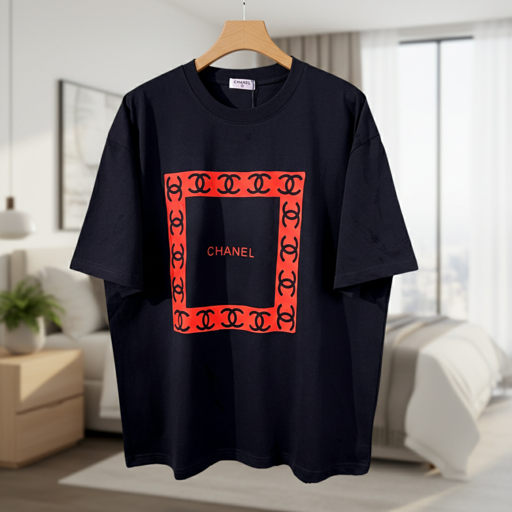 CHANEL Black Red Logo Frame Casual T-Shirt