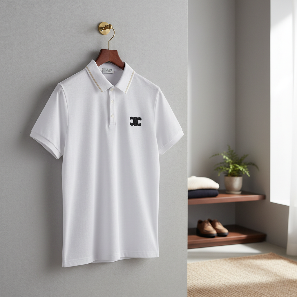 CELINE White Cotton Polo Shirt Signature Logo