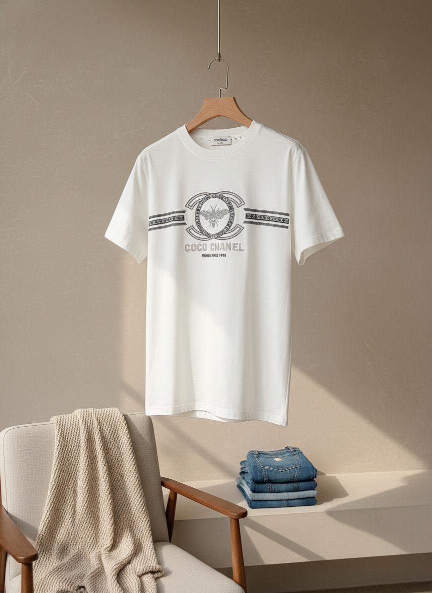 CHANEL Men White Cotton Logo Print T-Shirt