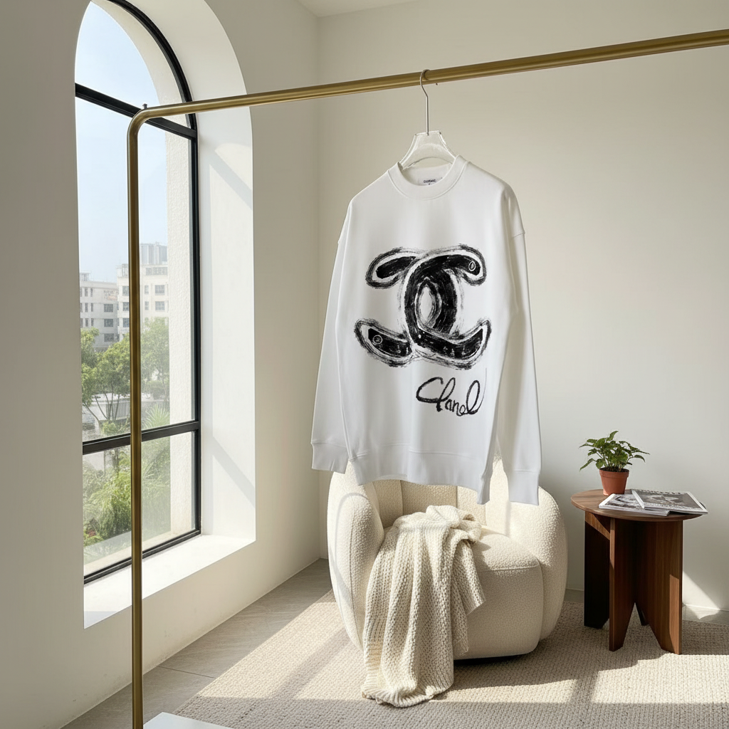 CHANEL White Logo Hoodie Luxury Cotton Sweatshirt