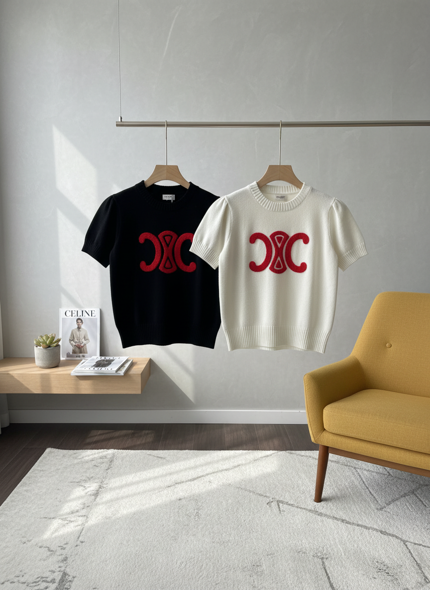 CELINE Short Sleeve Knit T-Shirt Red Logo Black White