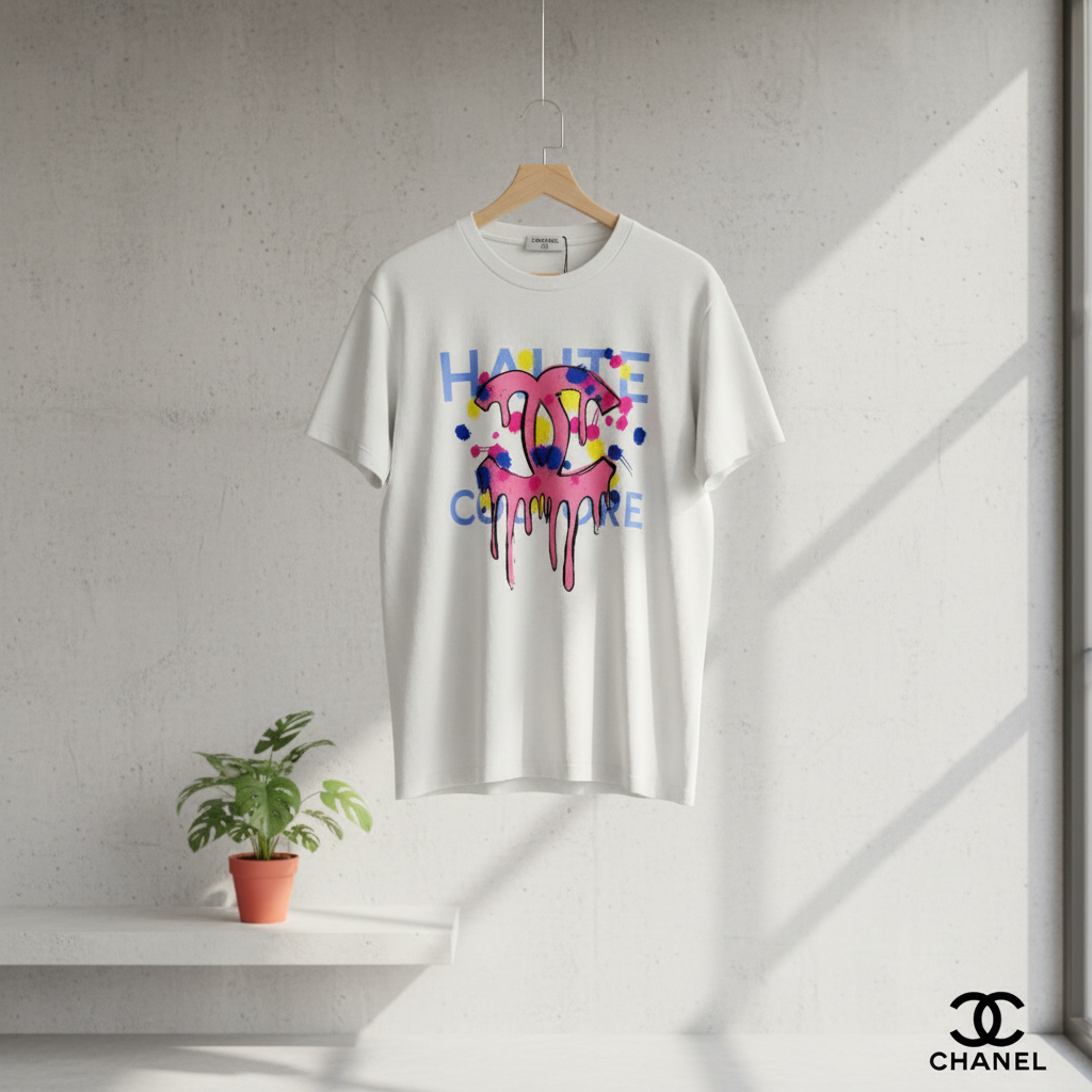 CHANEL Graffiti Drip Logo Cotton Street Style T-Shirt