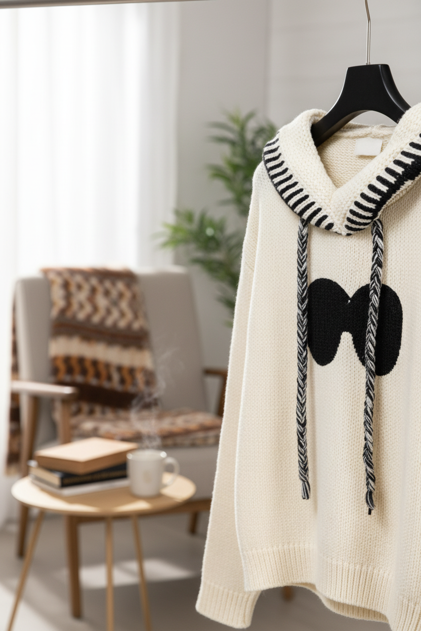 CELINE Cream Knit Hoodie Black Striped Drawstring