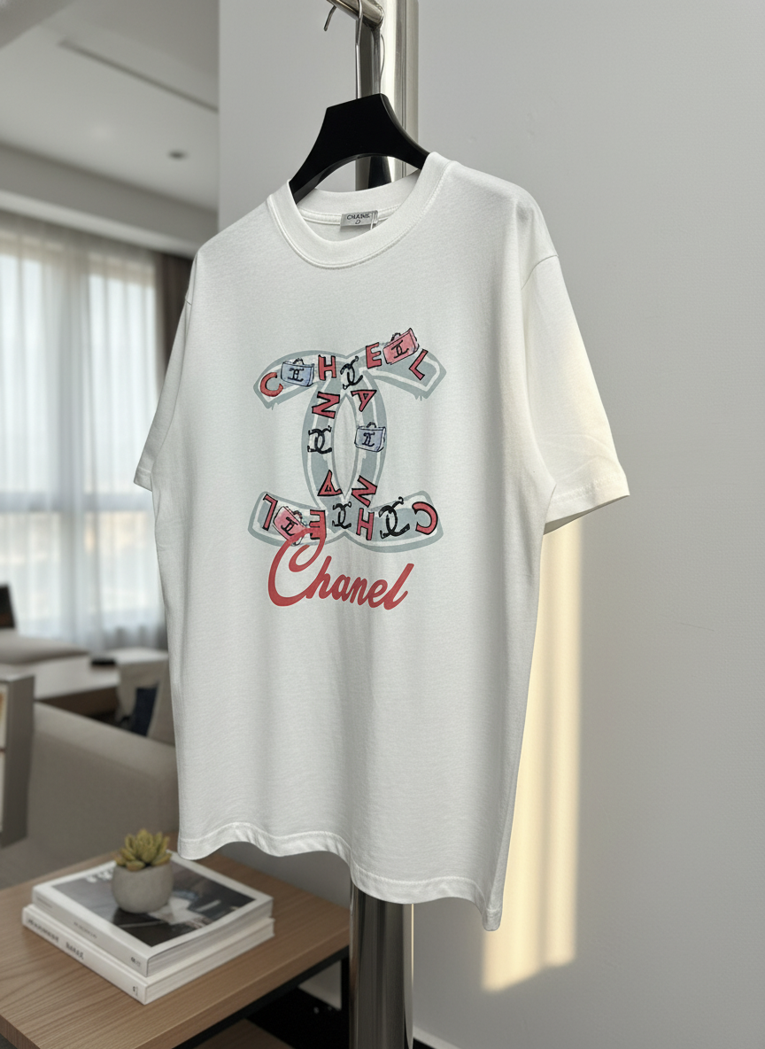 CHANEL White Logo Cotton Casual Unisex T-Shirt
