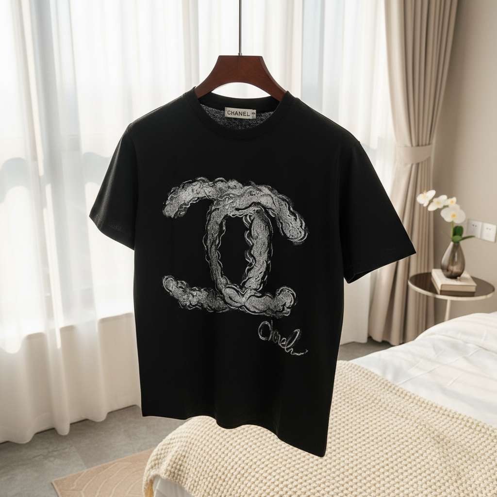 CHANEL Black Cotton Cloud Logo T-Shirt