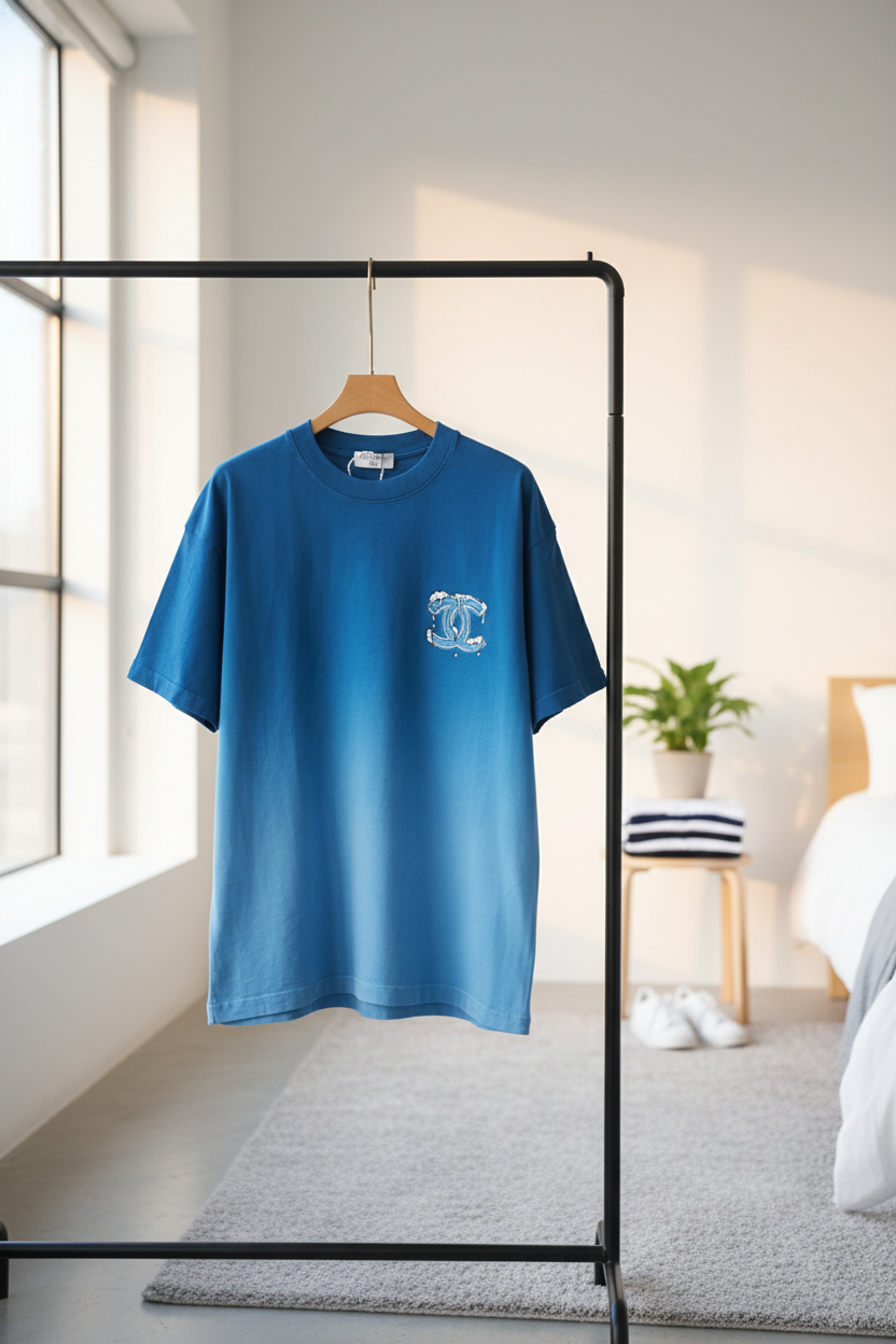 CHANEL Gradient Blue Cotton Unisex Summer T-Shirt