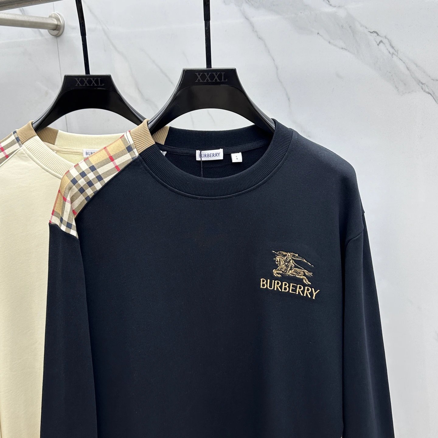 Burberry Check Panel Cotton Crewneck Hoodies