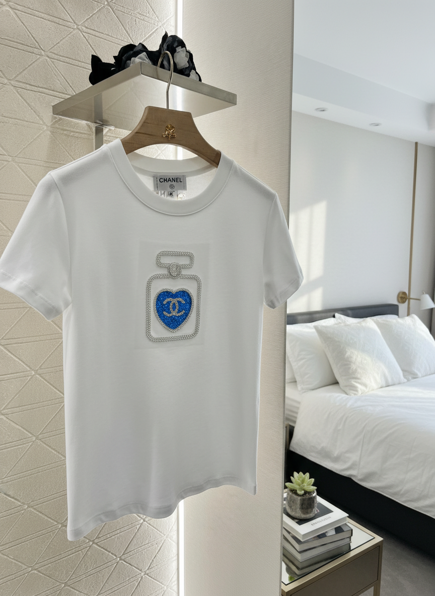 CHANEL Women White T-Shirt Blue Heart Perfume Logo
