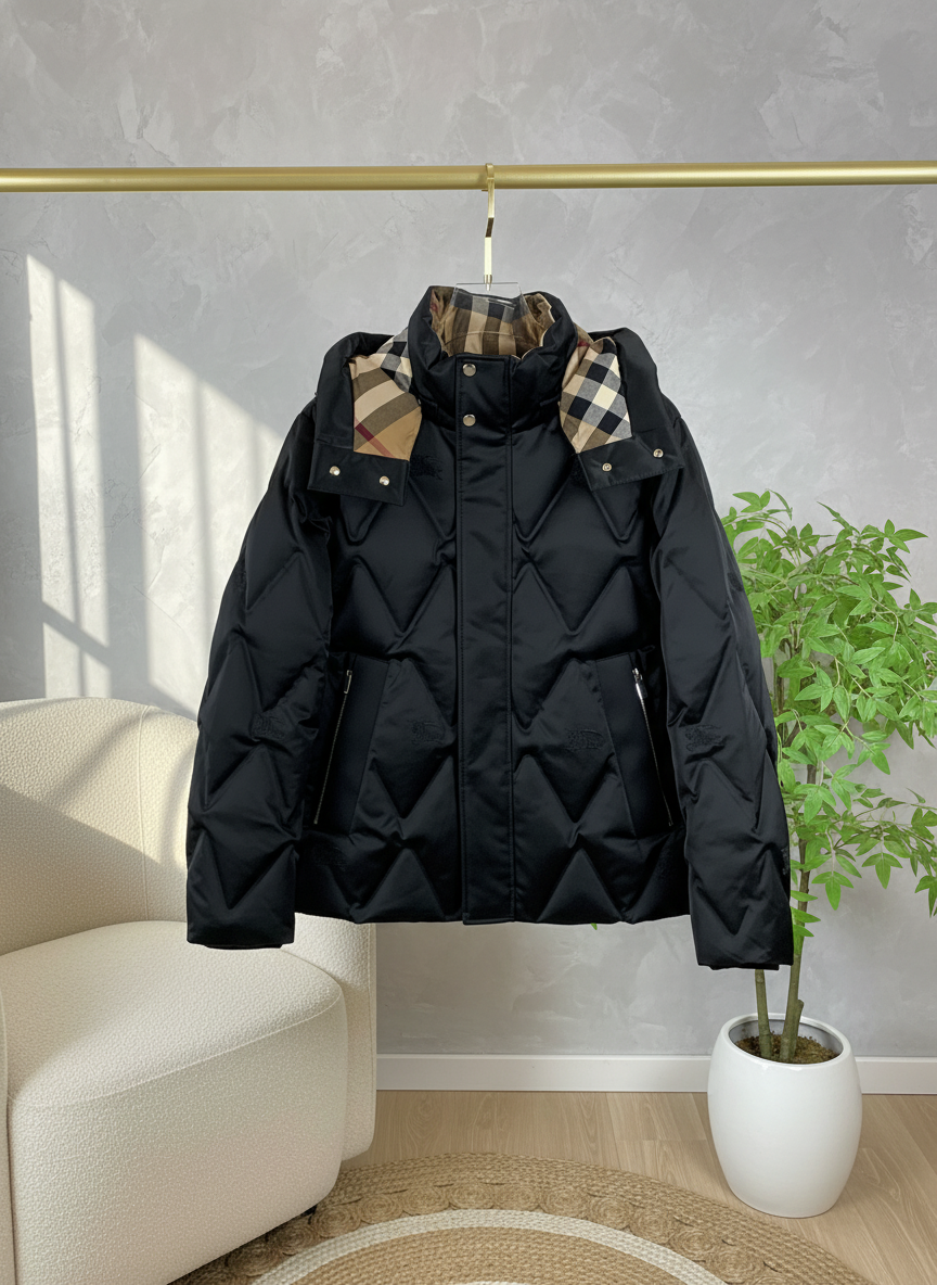 Burberry Men’s Black Quilted Down Jacket Hooded Warm