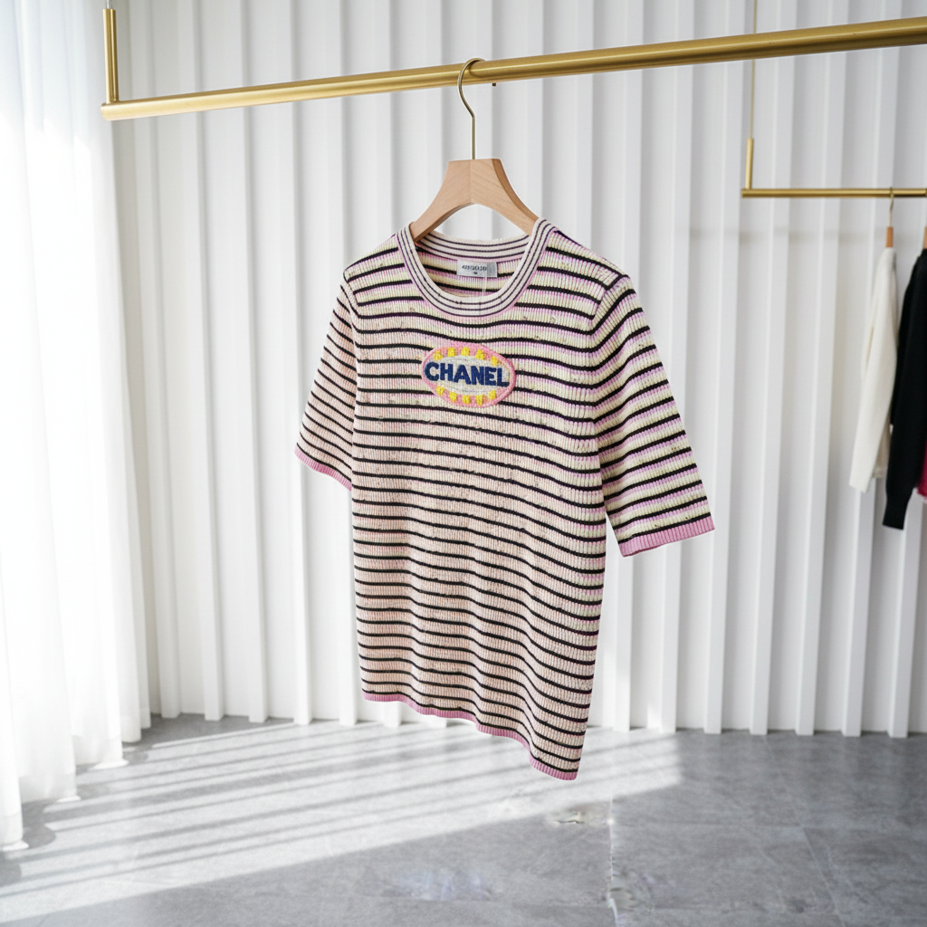 CHANEL Colorful Logo Striped Cotton Casual T-Shirt
