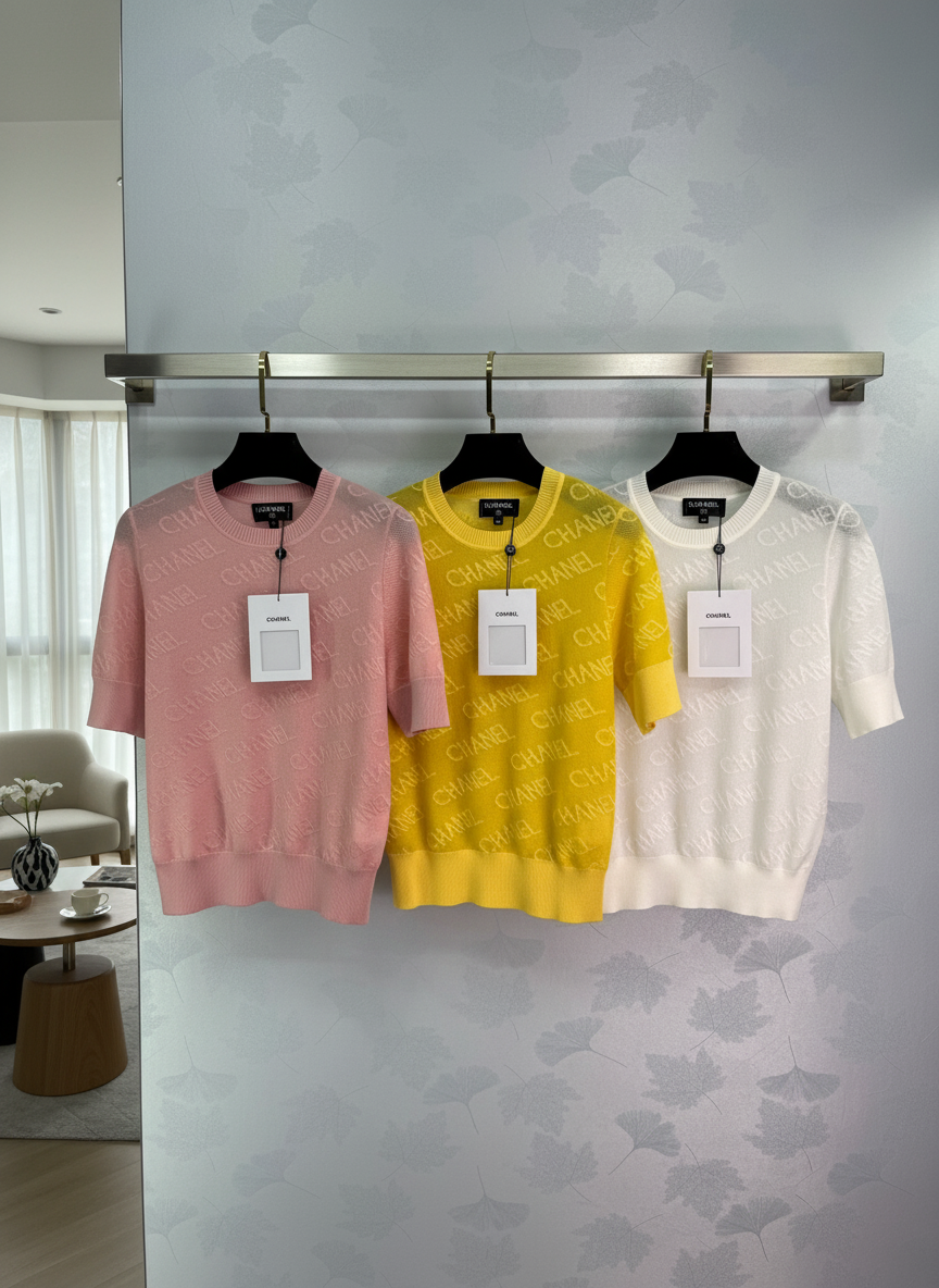 CHANEL Women Logo Knit T-Shirts Pink Yellow White