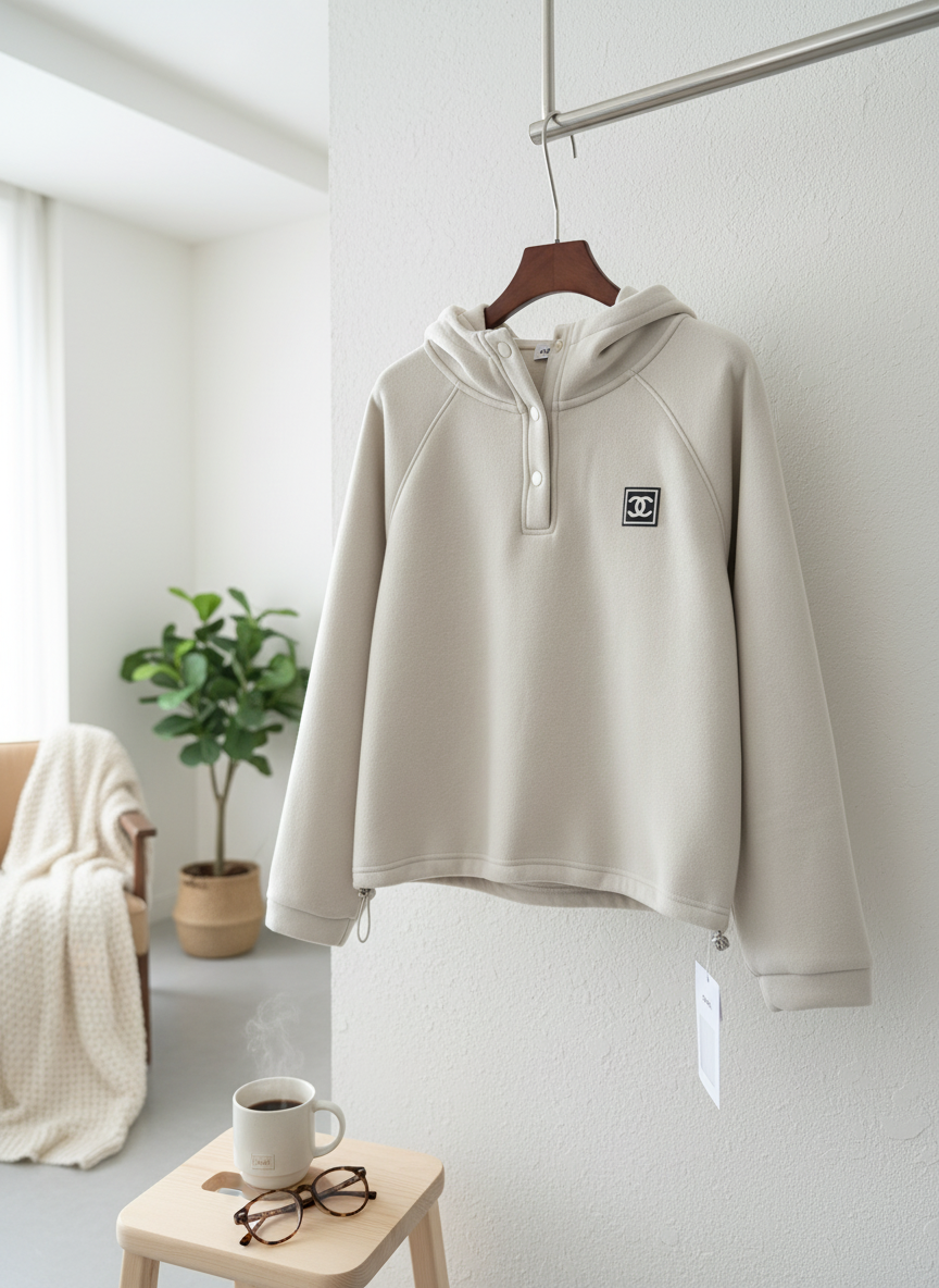 CHANEL Fleece Hoodies Black Beige Pullover Sweater