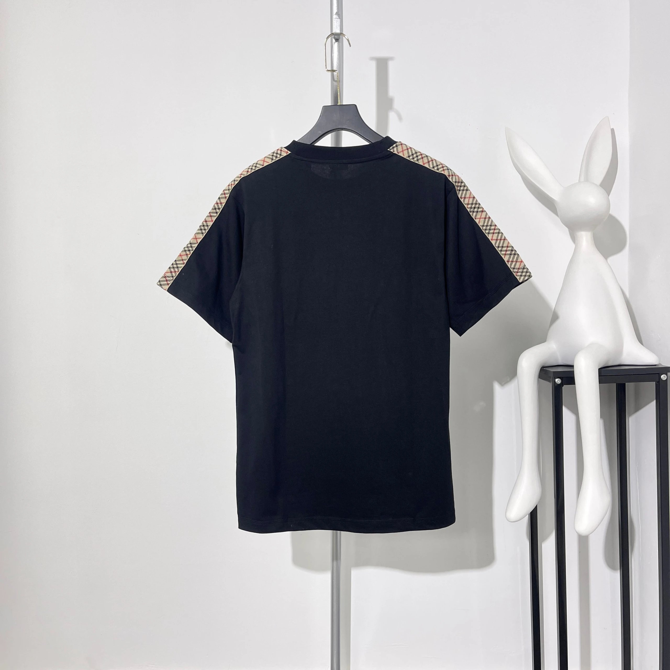 Burberry Black Cotton Check Shoulder T-Shirt