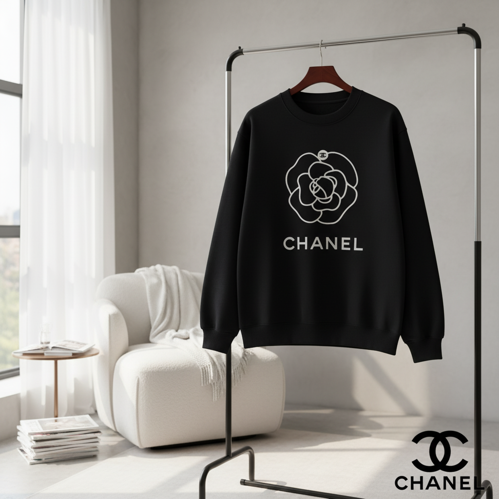 CHANEL Camellia Logo Black Unisex Cotton Hoodie