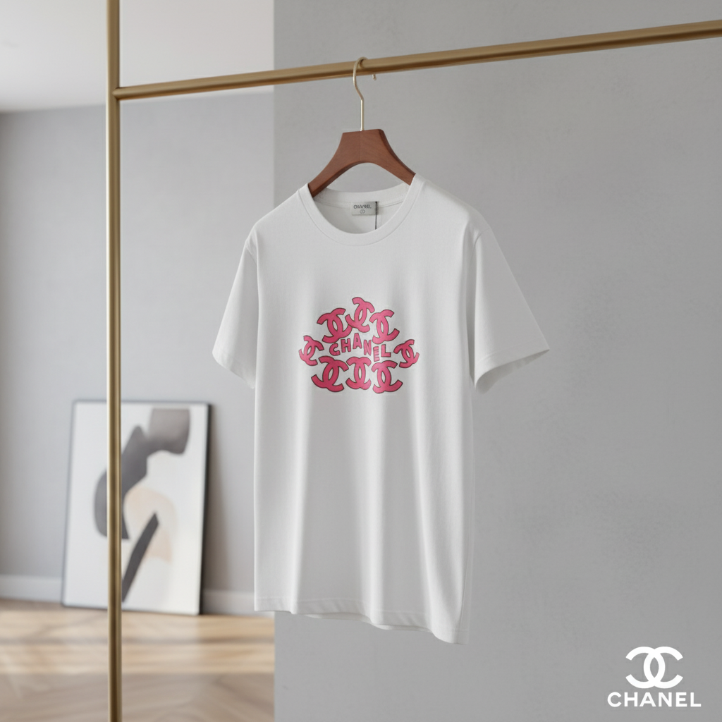 CHANEL Women Logo White T-Shirt Pink Print Cotton Top