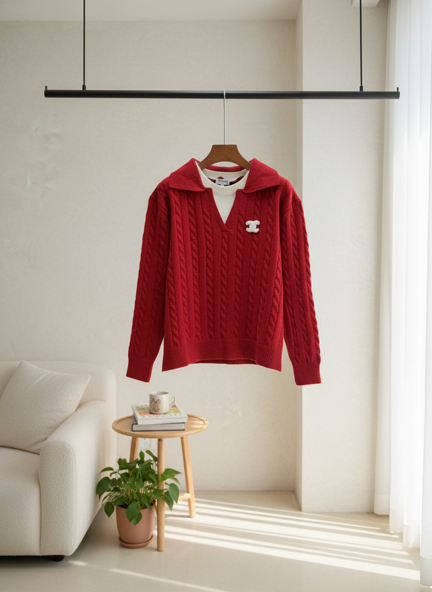CHANEL Women Cable Knit Sweater Red Brown Pullover