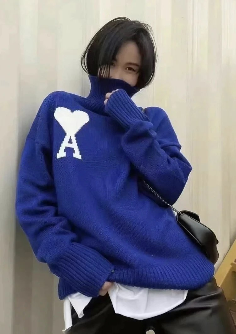 AMI Blue Heart A Unisex Turtleneck Knit Sweater