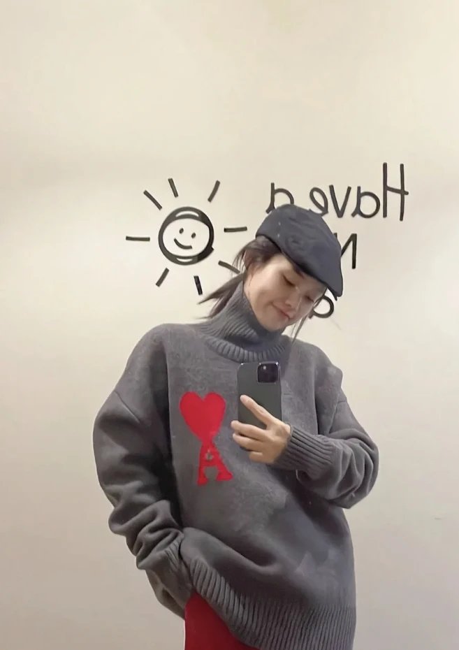 HoodiesAMI Grey Turtleneck Sweater Red Heart Unisex
