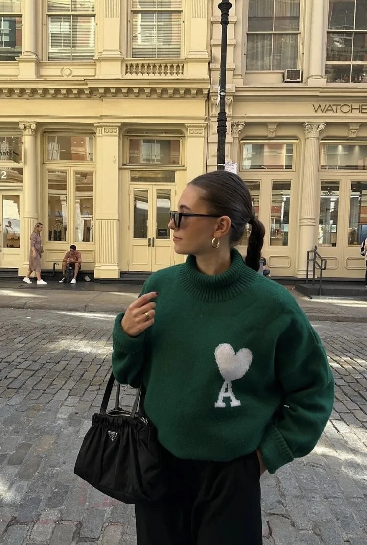 AMI Green Turtleneck Oversized Heart Sweater