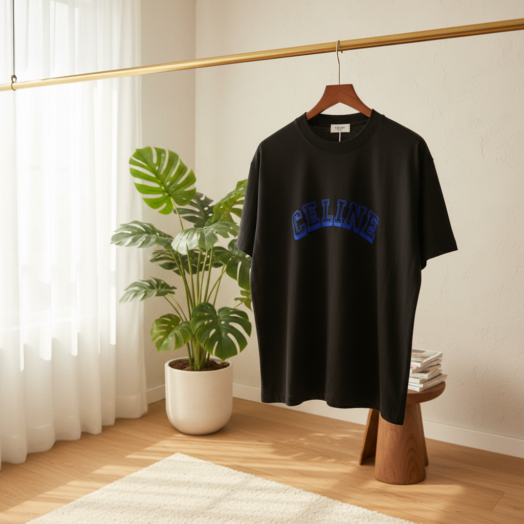 CELINE Black Cotton T-Shirt Blue Logo Unisex Top