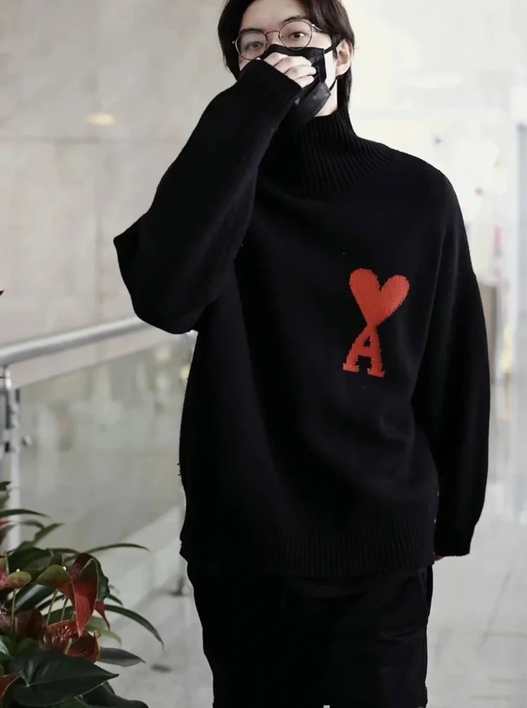 AMI Heart Logo Black Knit Turtleneck Sweater Unisex