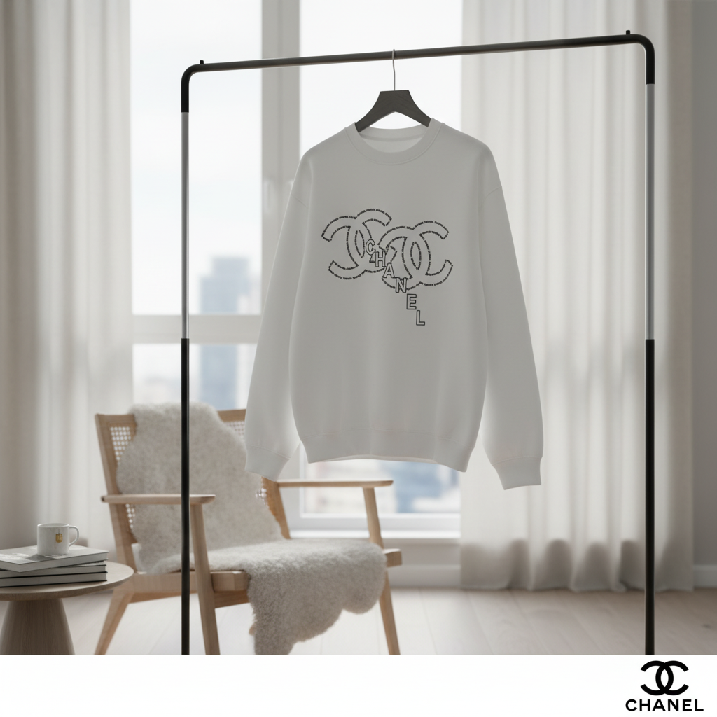 CHANEL White Logo Hoodie Unisex Streetwear Sweater