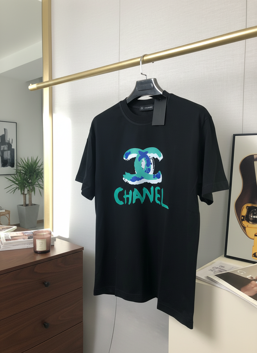 CHANEL Black Cotton Logo T-Shirt Unisex Casual Top