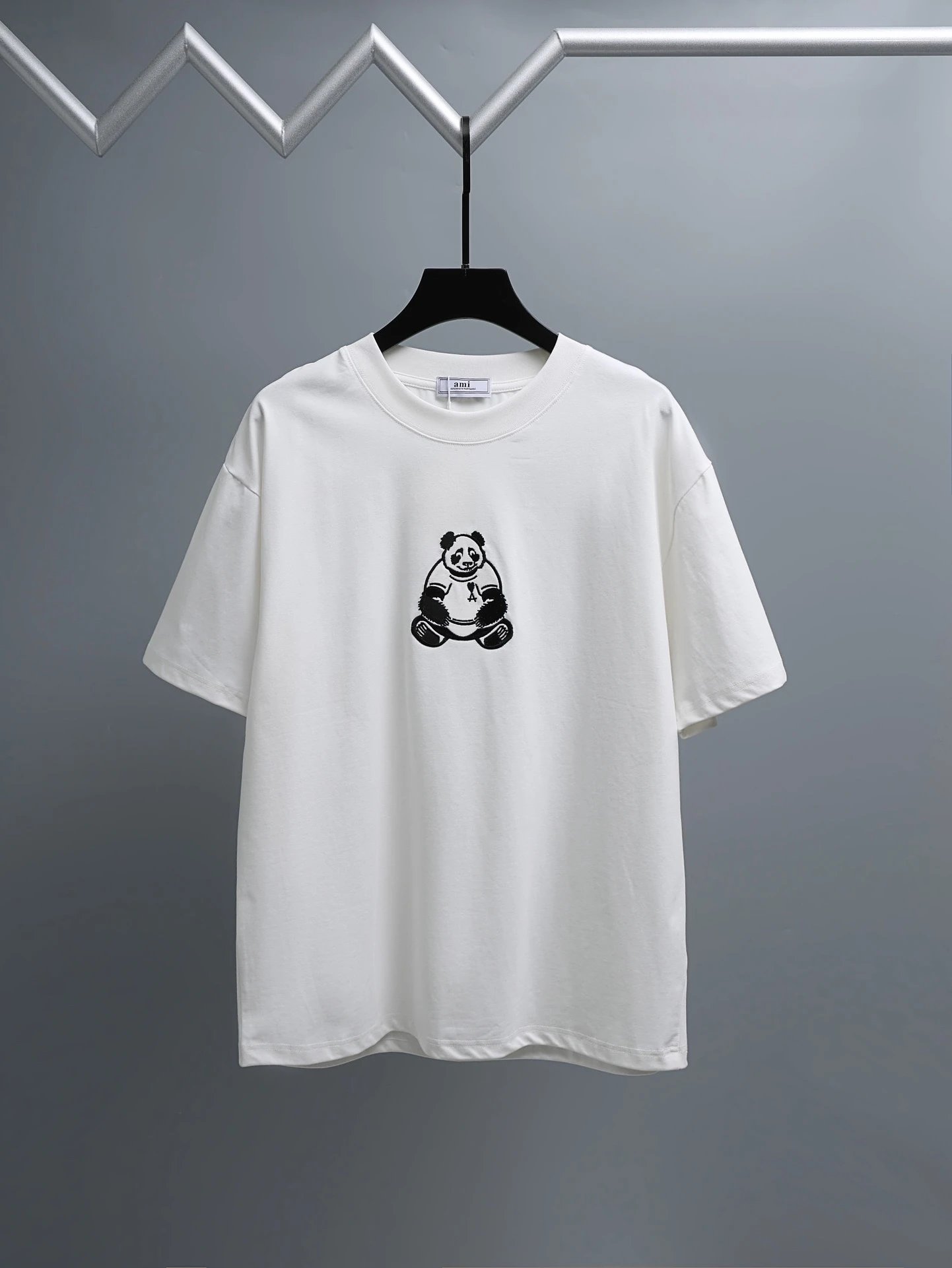 AMI White Panda Print Cotton Unisex Casual T-Shirt