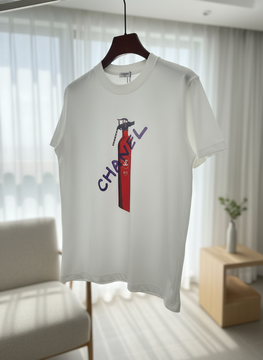 CHANEL White Cotton T-Shirt Fire Extinguisher Print