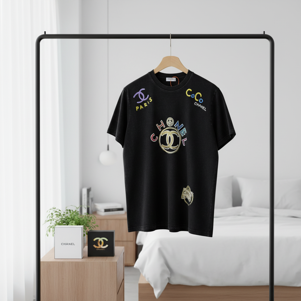 CHANEL Vintage Black Logo Embroidered Cotton T-Shirt