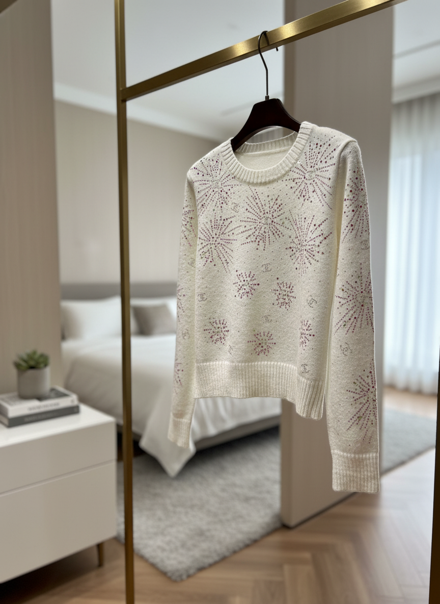 CHANEL Women White Knit Hoodie Rhinestone Luxury Pullover
