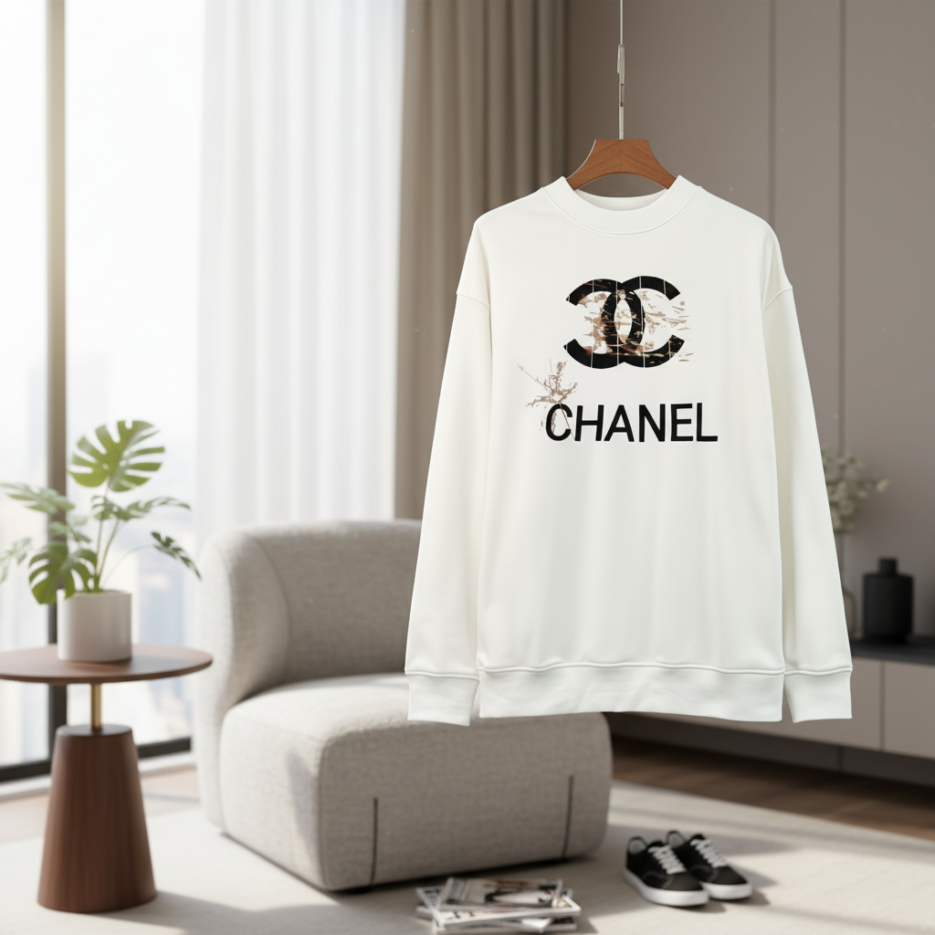 CHANEL White Hoodie Double C Logo Sweatshirt Unisex
