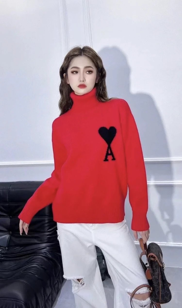 AMI Women Red Turtleneck Sweater Heart A Knit Pullover