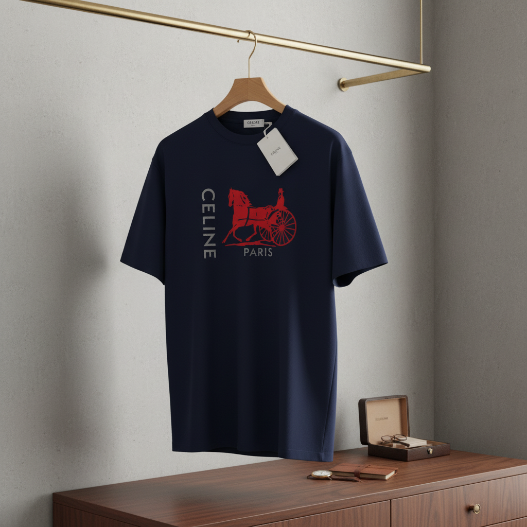 CELINE Paris Navy Blue Horse Carriage Logo T-Shirt
