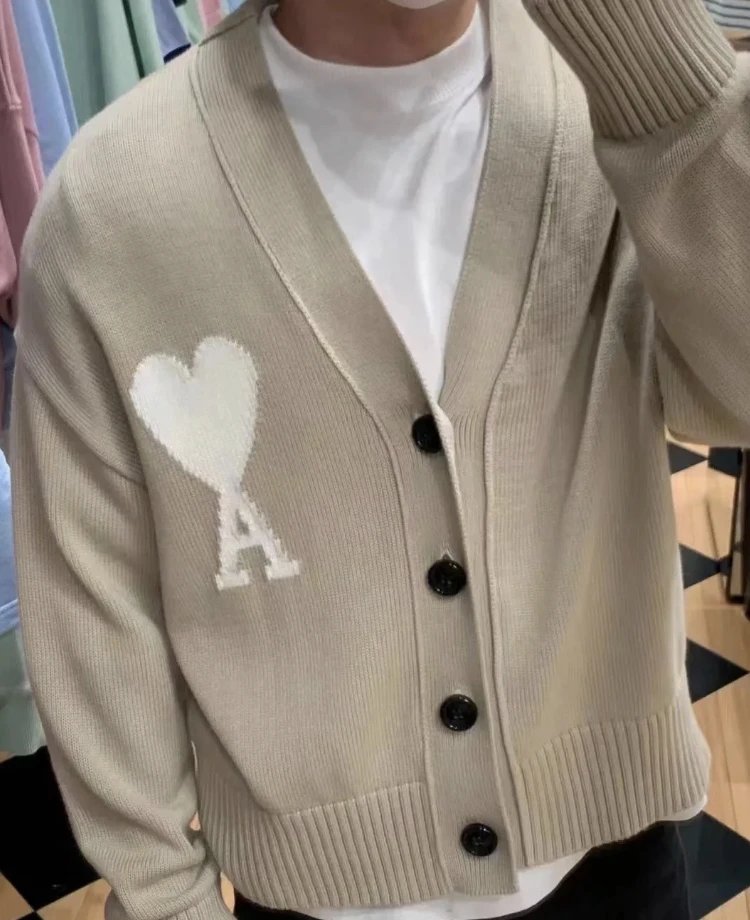 AMI Beige V-Neck Knit Cardigan Heart Logo Sweater
