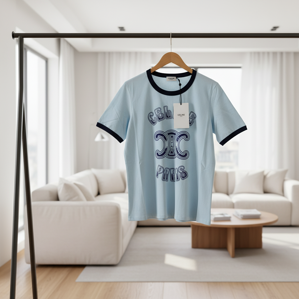CELINE Paris Logo Unisex Cotton T-Shirt Blue Brown