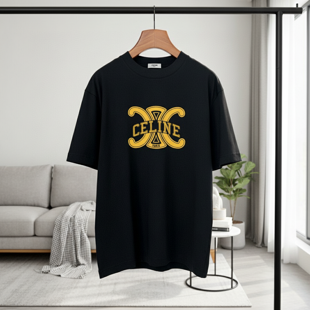 CELINE Black Cotton T-Shirt Yellow Logo Unisex Tee