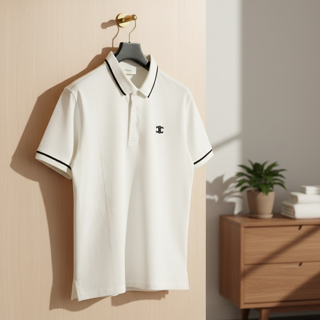 CELINE Men’s White Logo Embroidered Polo Shirt