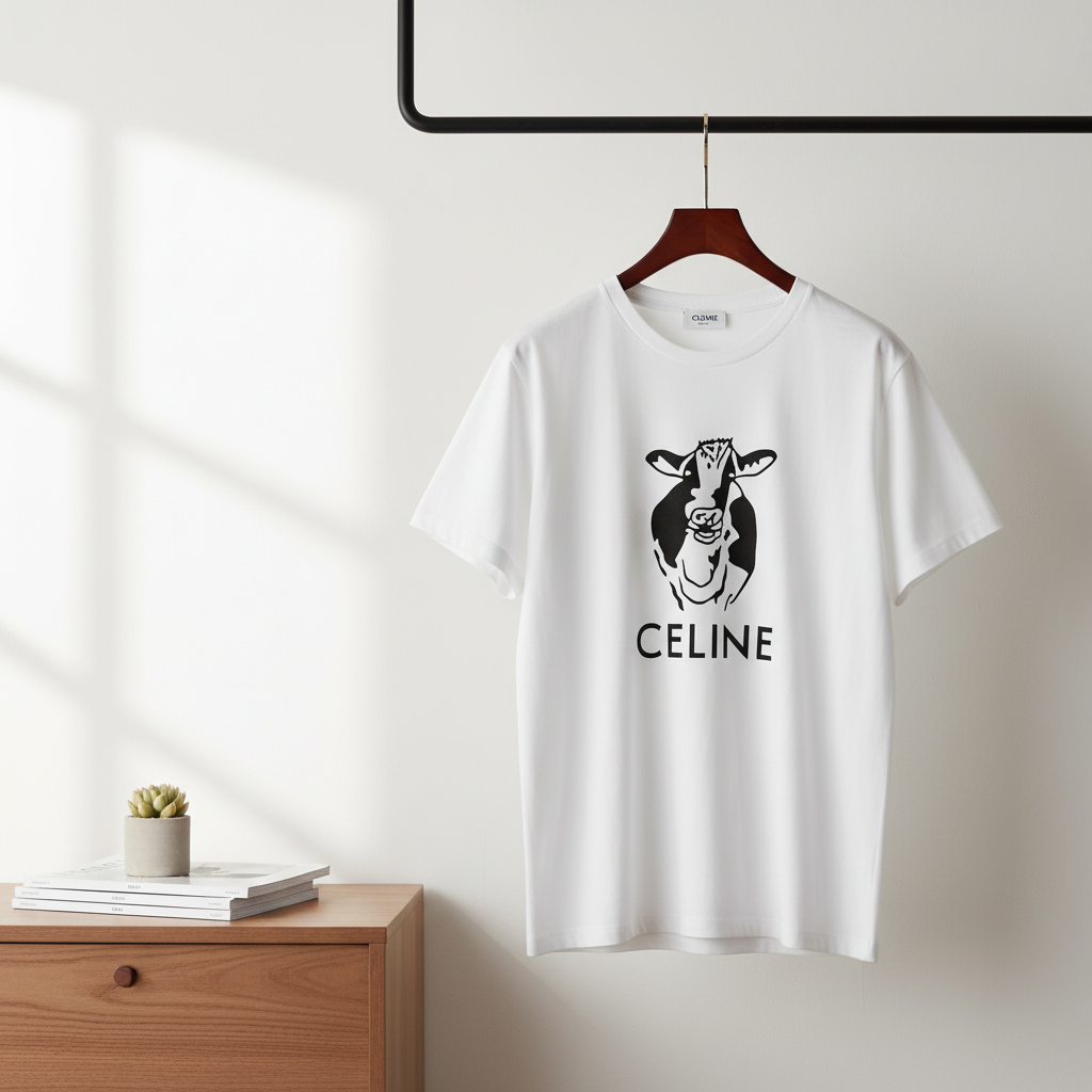 CELINE White Cow Print T-Shirt Unisex Casual Top